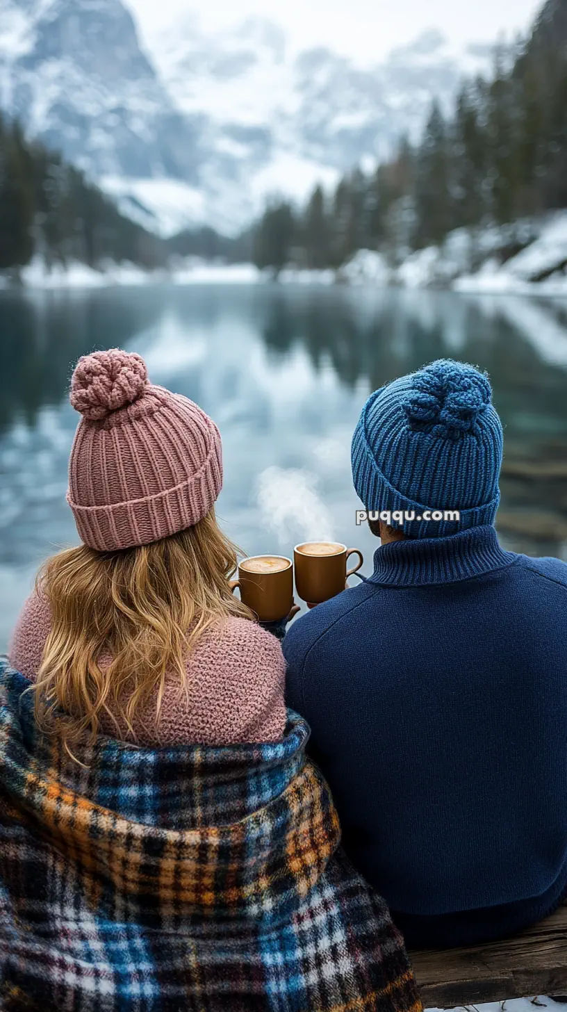 A couple in knitted hats sits by a snowy lake, covered with a plaid blanket and holding warm mugs.