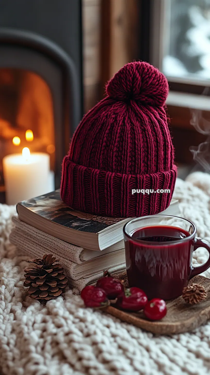 A cozy scene with a red knit hat, books, a steaming cup of tea, and a candle in front of a fireplace.