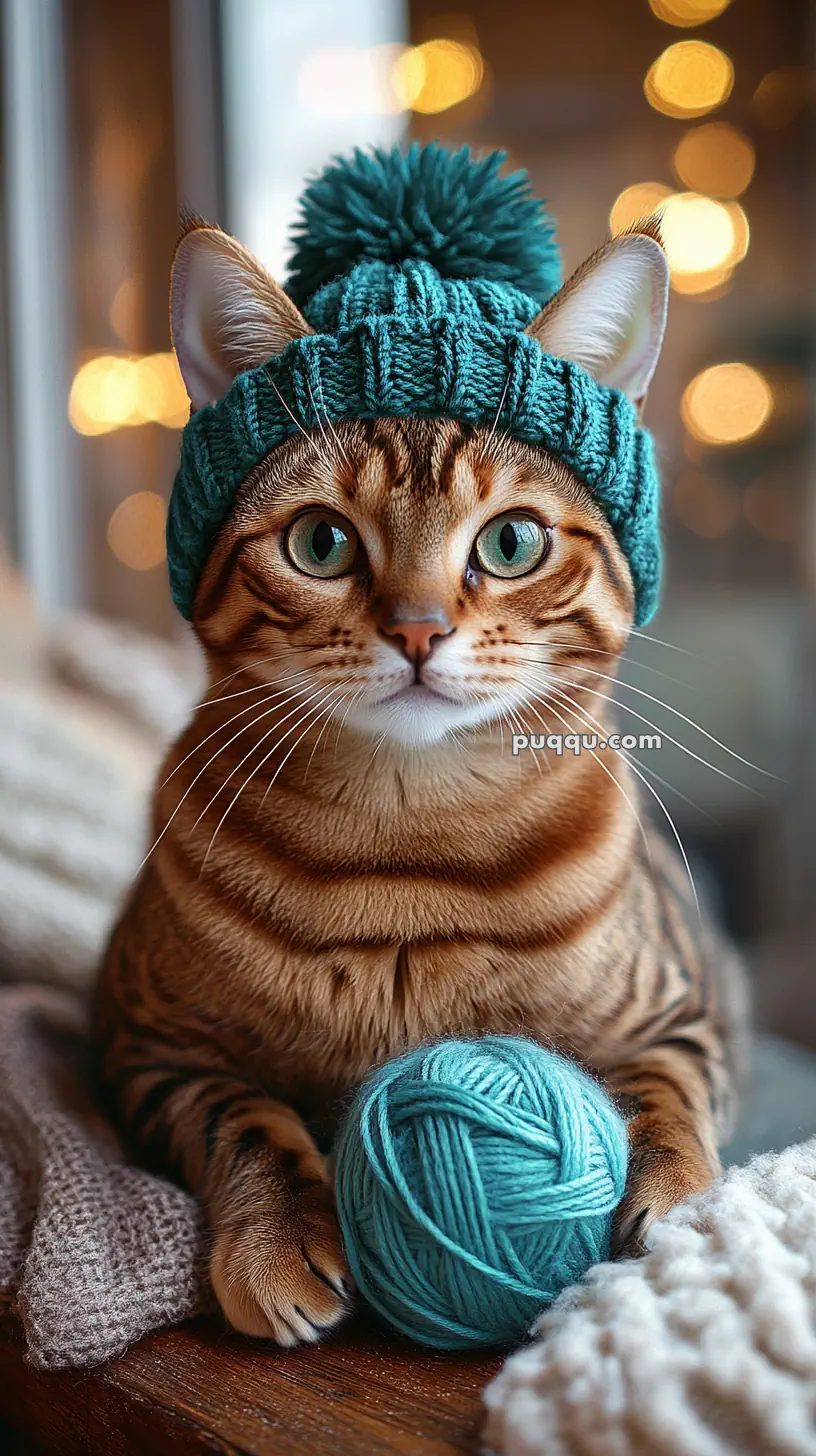 A brown tabby cat wearing a teal knit hat with a pom-pom, sitting with a teal ball of yarn.