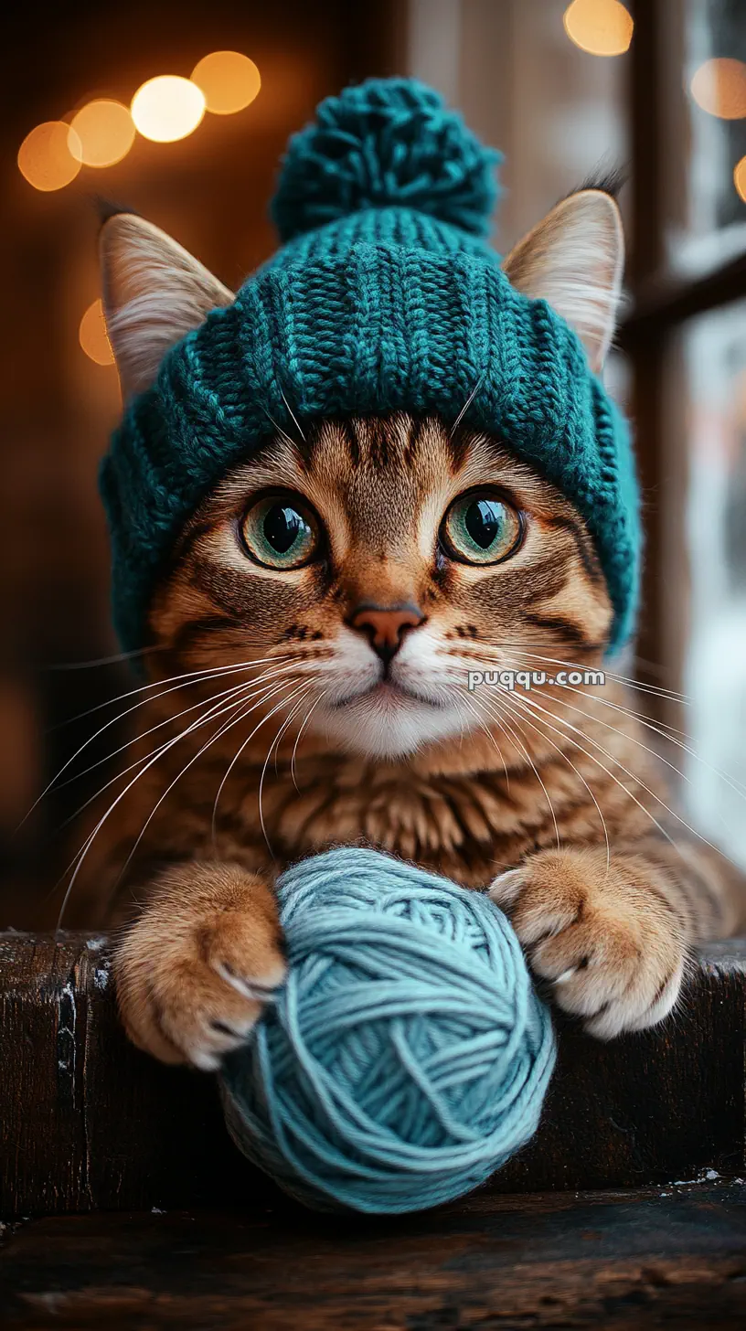 A cute cat wearing a teal knitted hat with a pom-pom holds a ball of yarn.