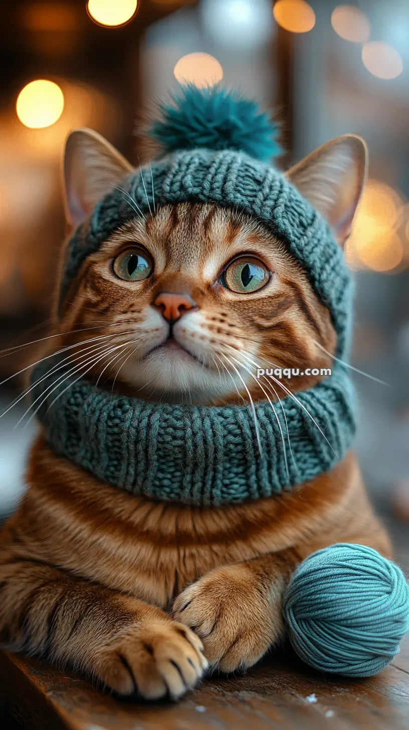 Cat wearing a knitted hat and scarf next to a ball of yarn.