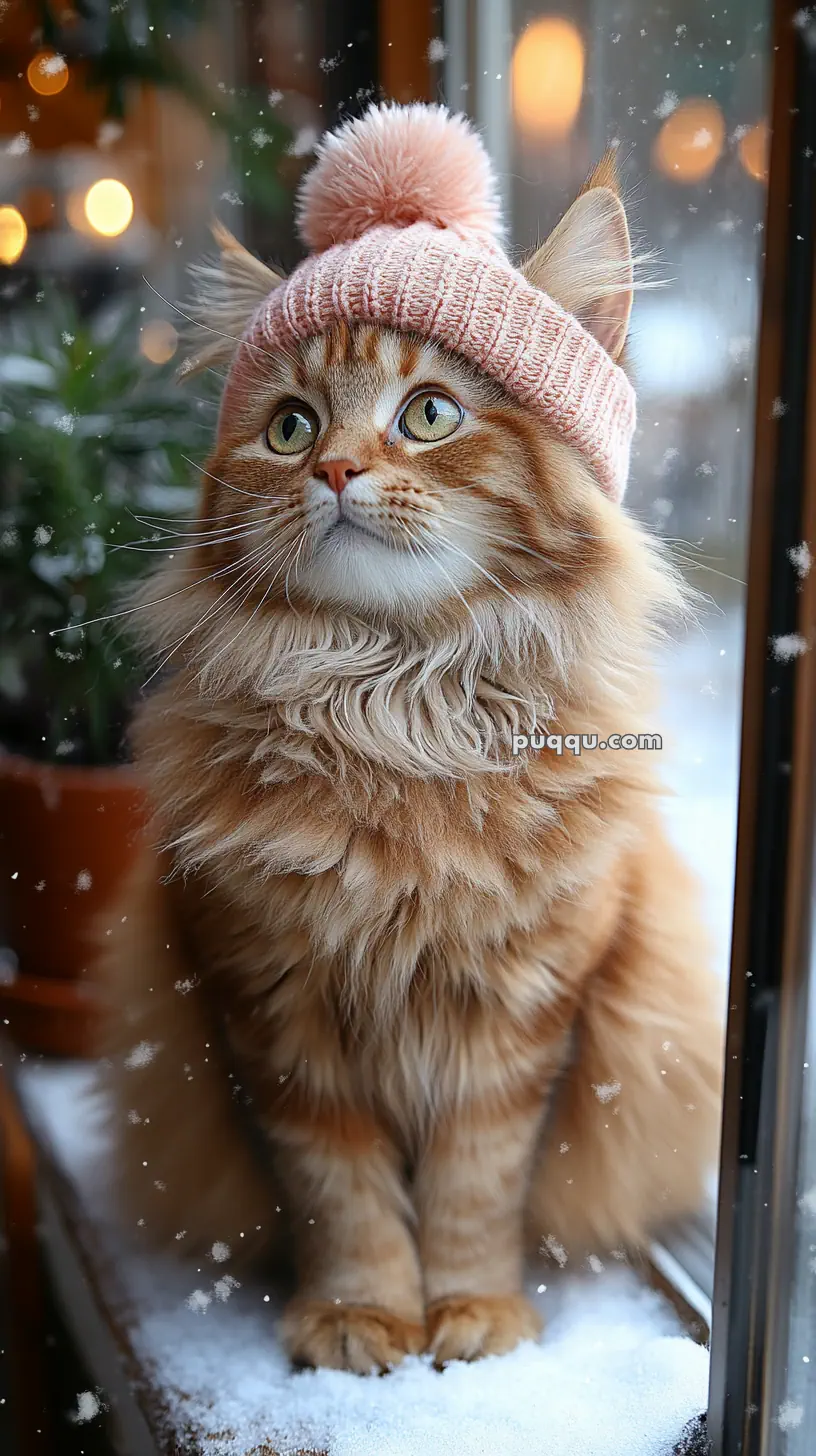 A fluffy orange cat wearing a pink knit hat sits on a snowy windowsill with soft lighting in the background.