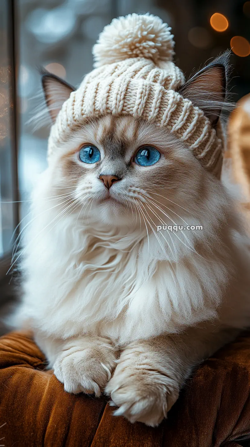 Fluffy cat with bright blue eyes wearing a knitted hat with a pom-pom.