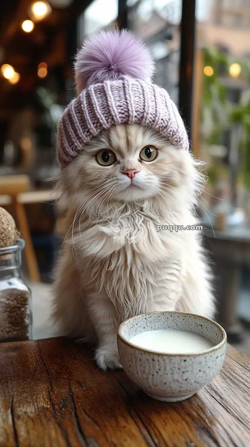 Fluffy cat wearing a purple knit hat with a pom-pom sits next to a bowl of milk on a wooden table.