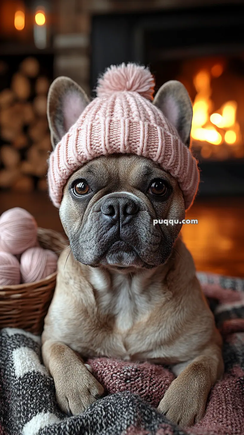 French Bulldog wearing a pink knitted hat in front of a cozy fireplace, with a basket of yarn nearby.