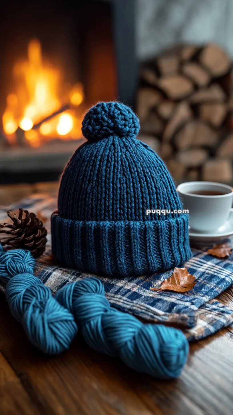 A blue knit hat with a pom-pom sits on a table in front of a cozy fireplace, with blue yarn, a pine cone, and a cup of tea nearby.