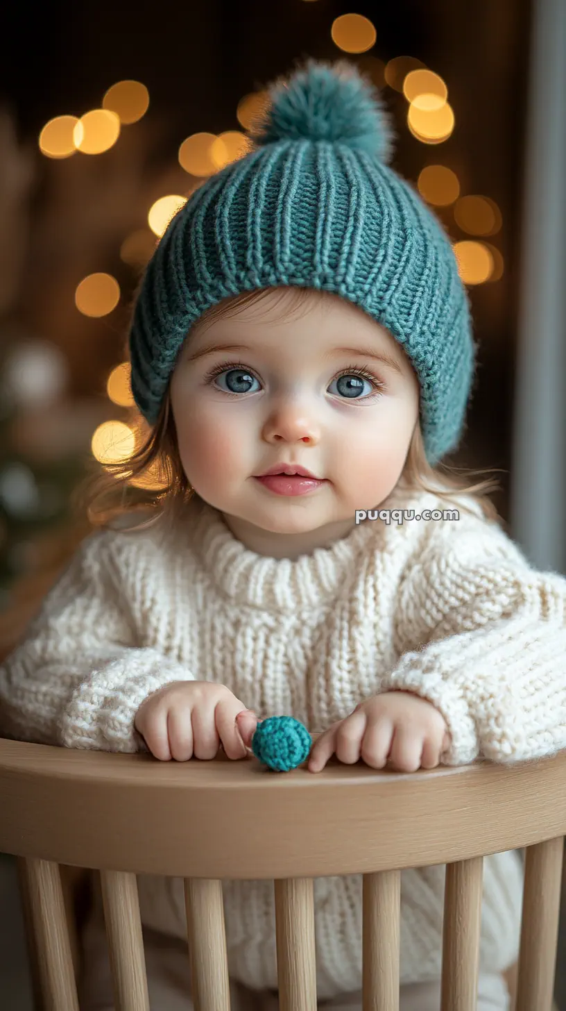 Baby wearing a teal knit hat and cream sweater, sitting on a wooden chair with blurry lights in the background.