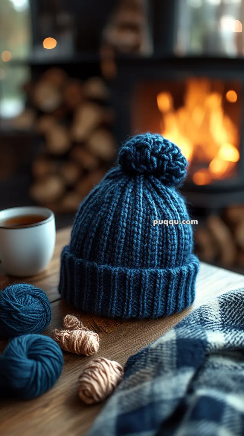 A knitted blue hat with a pom-pom sits on a table next to yarn balls, a cup of tea, and a plaid fabric, with a warm fireplace in the background.