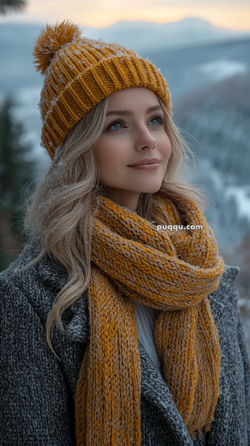 Woman wearing a yellow knit hat and scarf in a snowy outdoor setting.