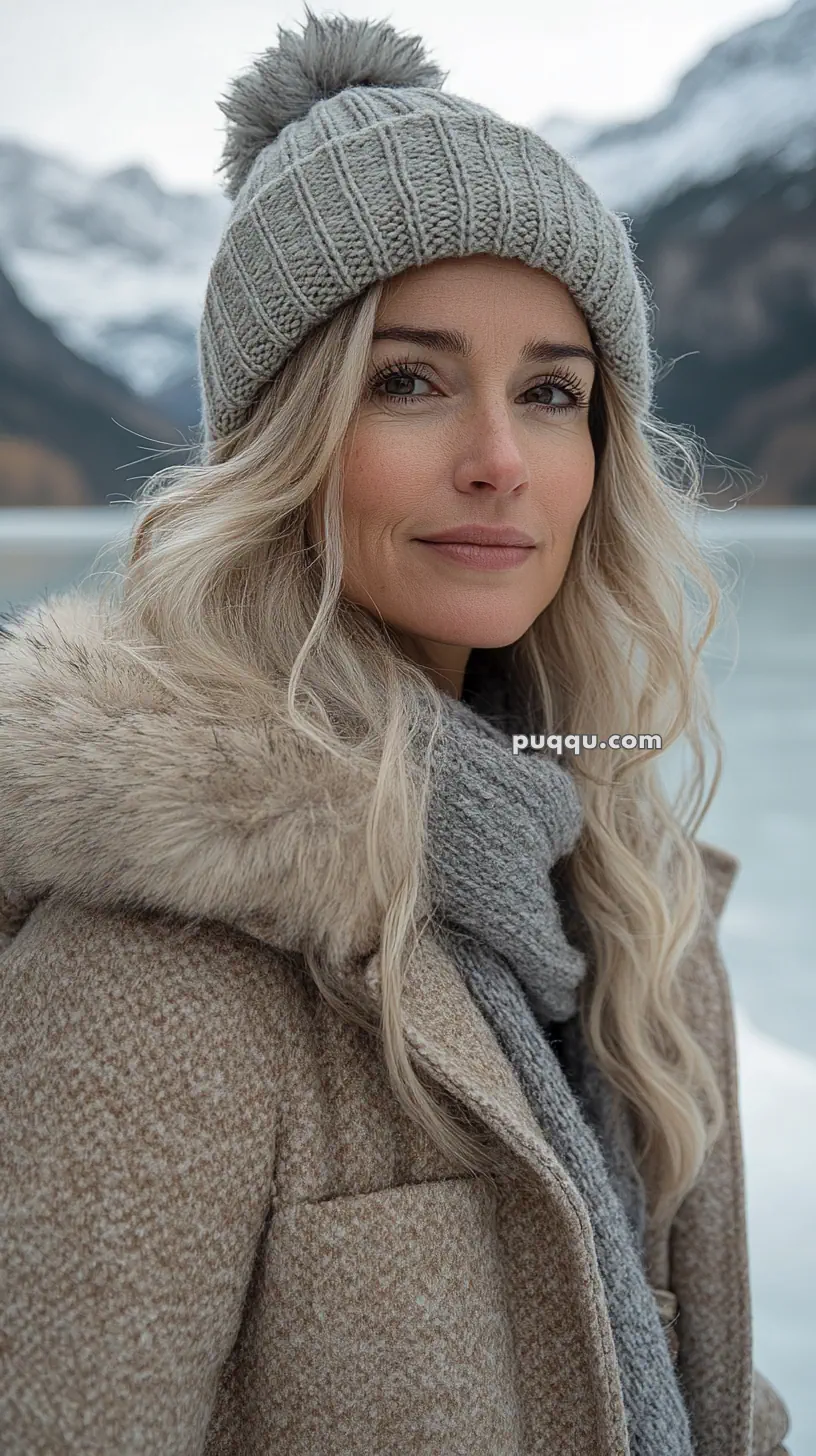 Woman in winter clothing with a snowy mountain background.