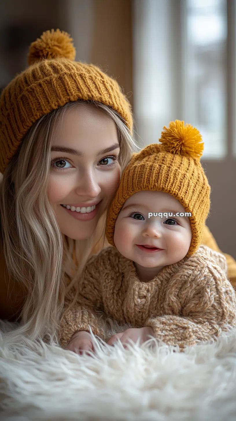 A woman and a baby wearing matching mustard-colored knit hats and sweaters, smiling while lying on a fluffy surface.