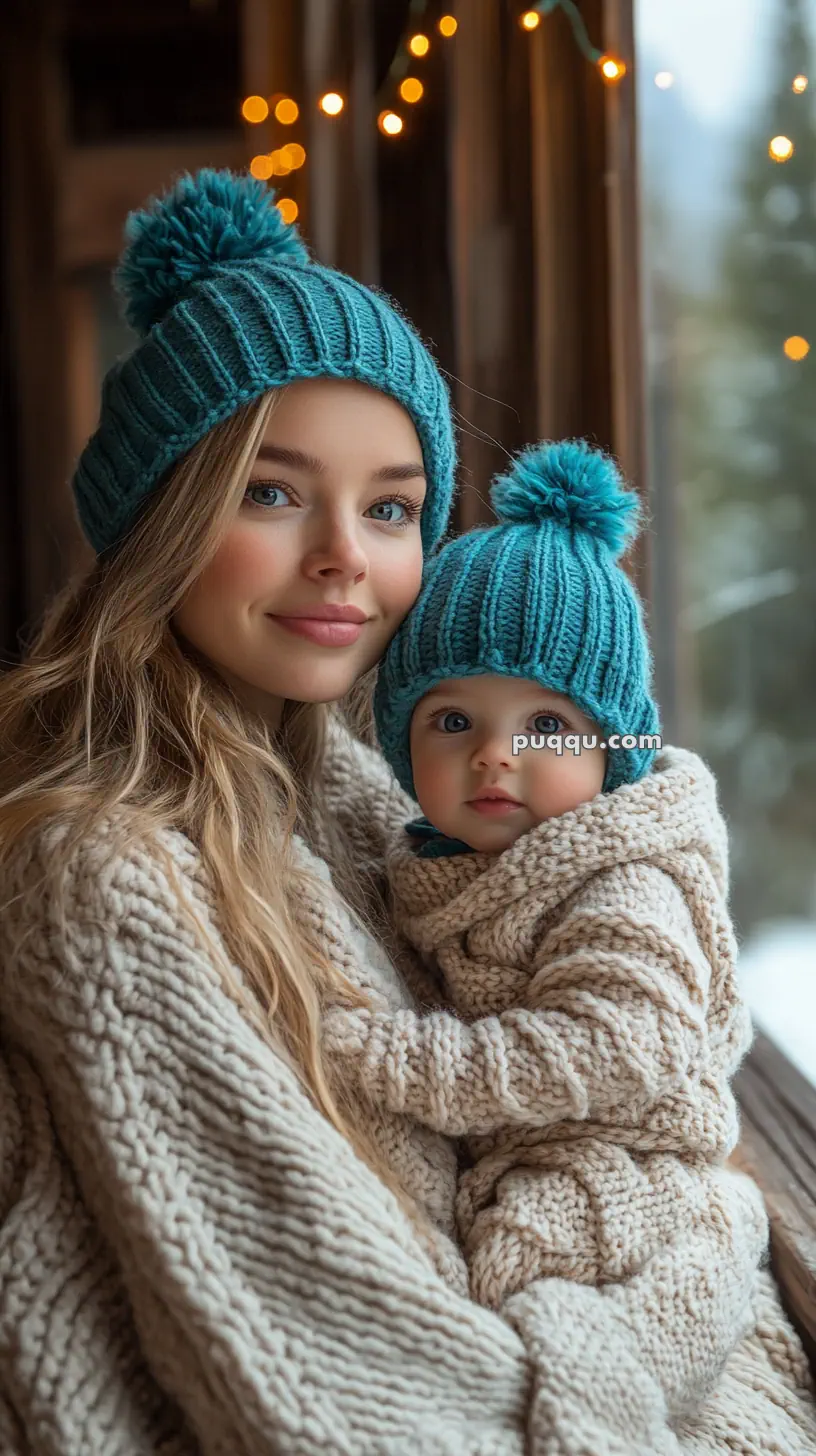 A woman and a baby wearing matching blue knit hats and beige sweaters, indoors, with small lights in the background.