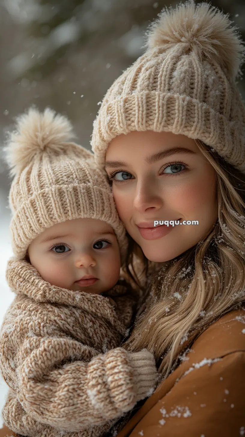 Woman and baby wearing matching knit beanies, surrounded by falling snow.