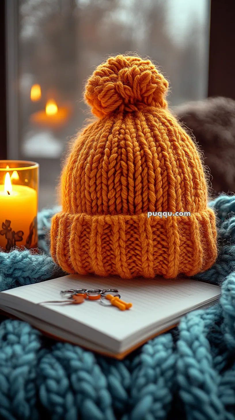 Orange knitted hat with a pom-pom on top, placed on a blue knitted blanket beside a lit candle and a notebook with a keychain.