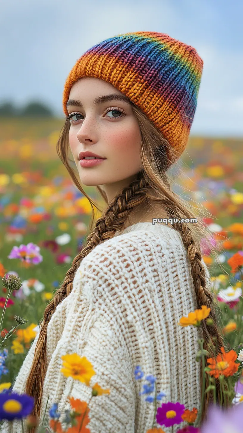 Young woman with long braids wearing a colorful knitted beanie and white sweater in a vibrant flower field.