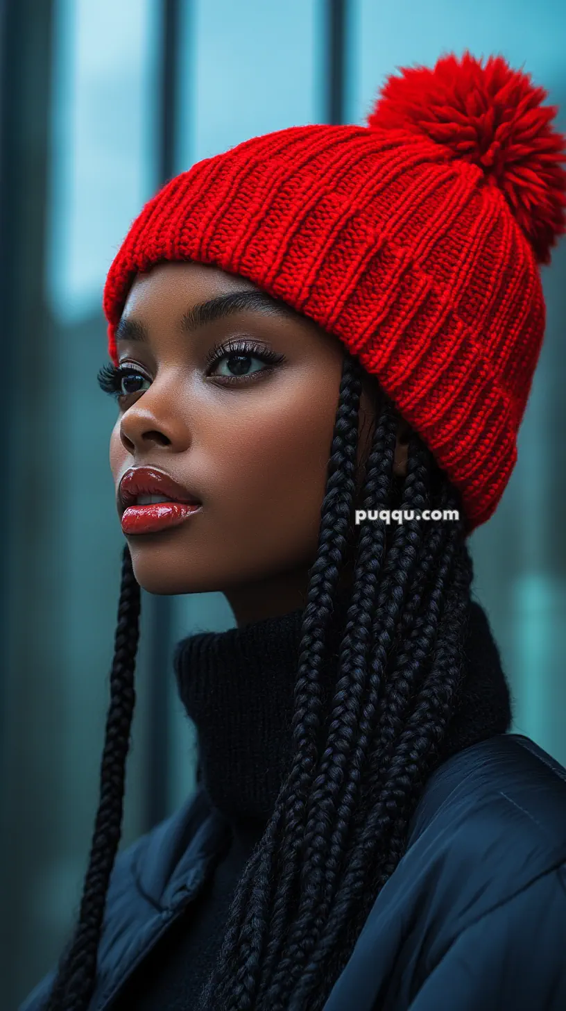 A woman wearing a red knit beanie with a pompom, black turtleneck, and braided hair.