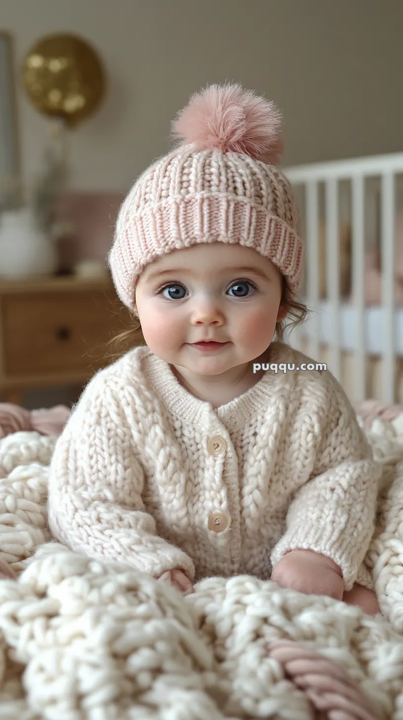 Baby wearing a knitted sweater and pink hat with a pom-pom, sitting on a knitted blanket.