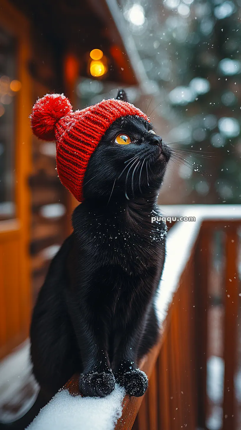 Black cat wearing a red knit hat with a pom-pom, sitting on a snow-covered railing outdoors.