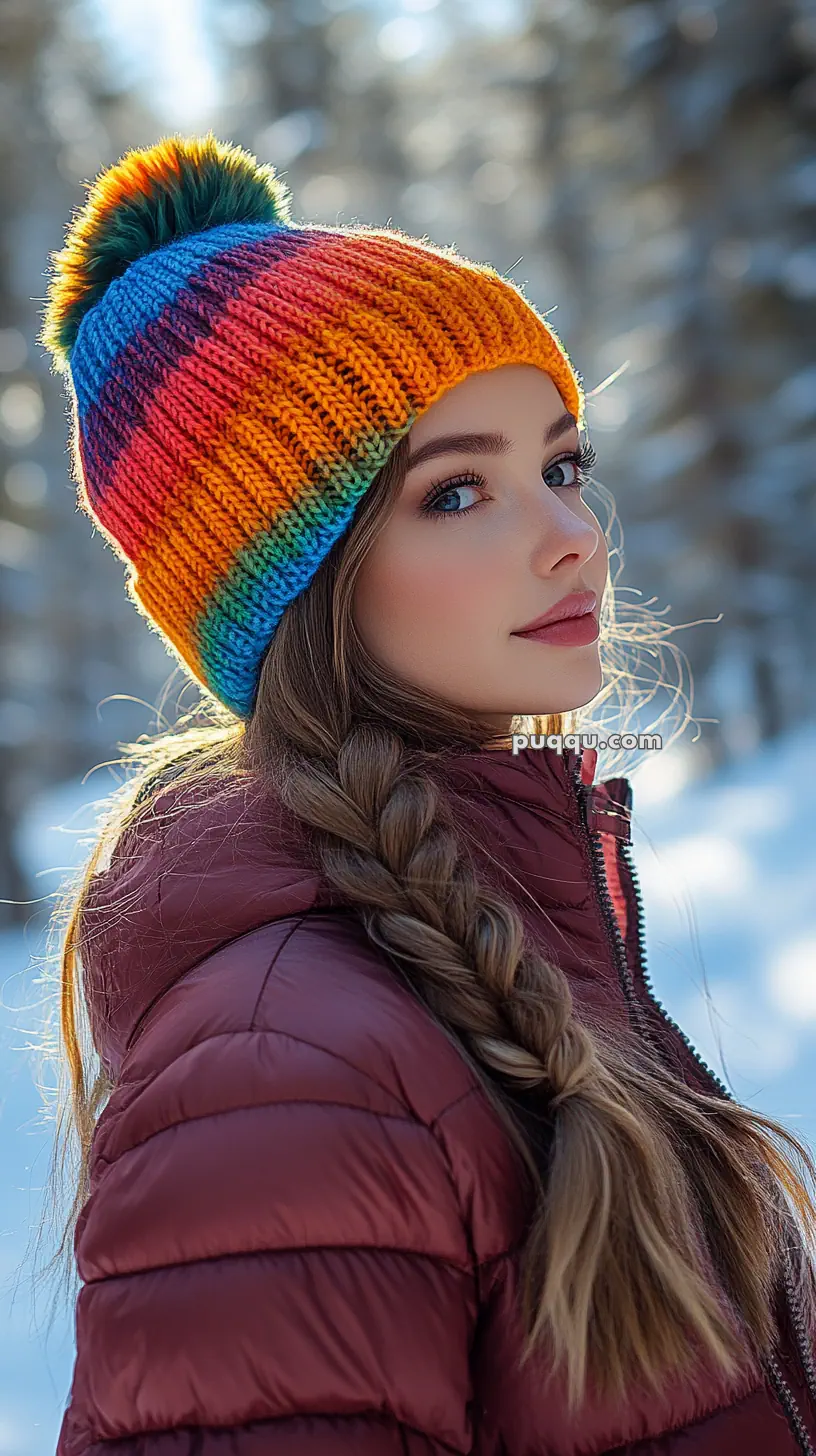 Young woman wearing a rainbow-colored knit hat and maroon winter jacket, standing in a snowy forest.