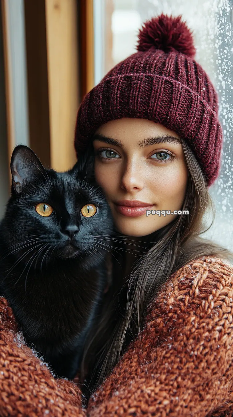 A woman wearing a burgundy knitted hat holding a black cat with yellow eyes against a snowy window background.