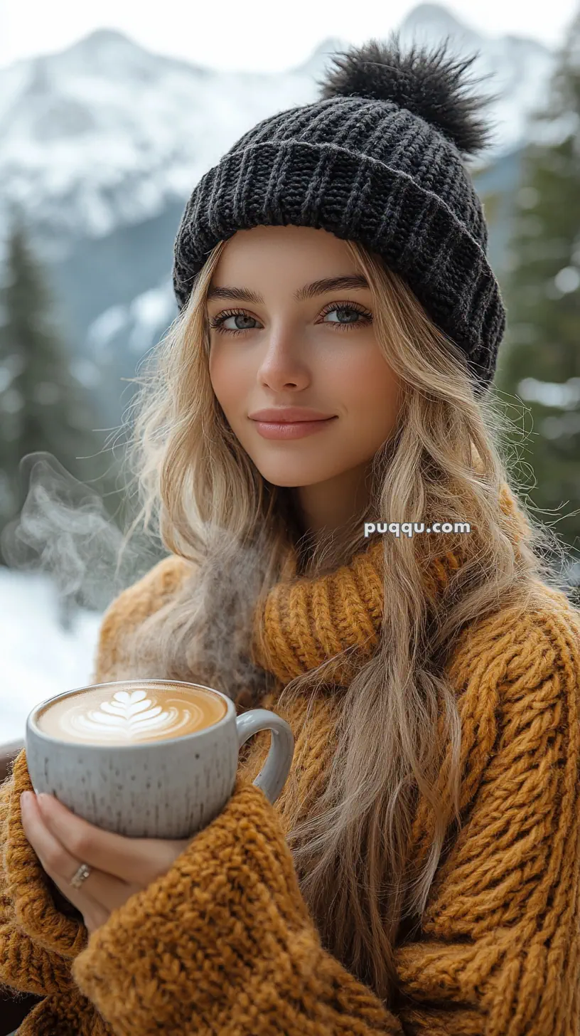 Woman in a knitted hat and sweater holding a steaming cup of coffee against a snowy mountain background.