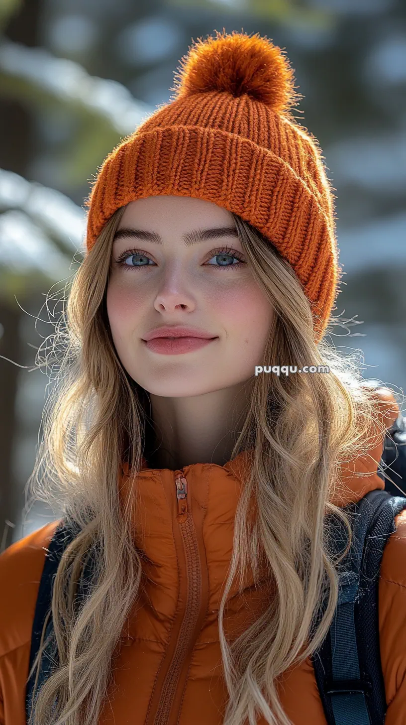 A person wearing an orange knit hat and matching jacket, outdoors with blurred snowy background.