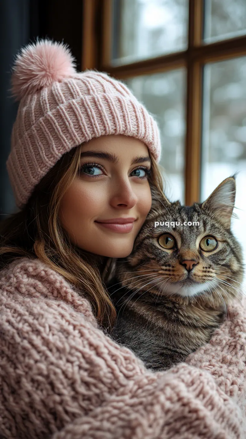 A woman in a pink knit hat and sweater holding a tabby cat.