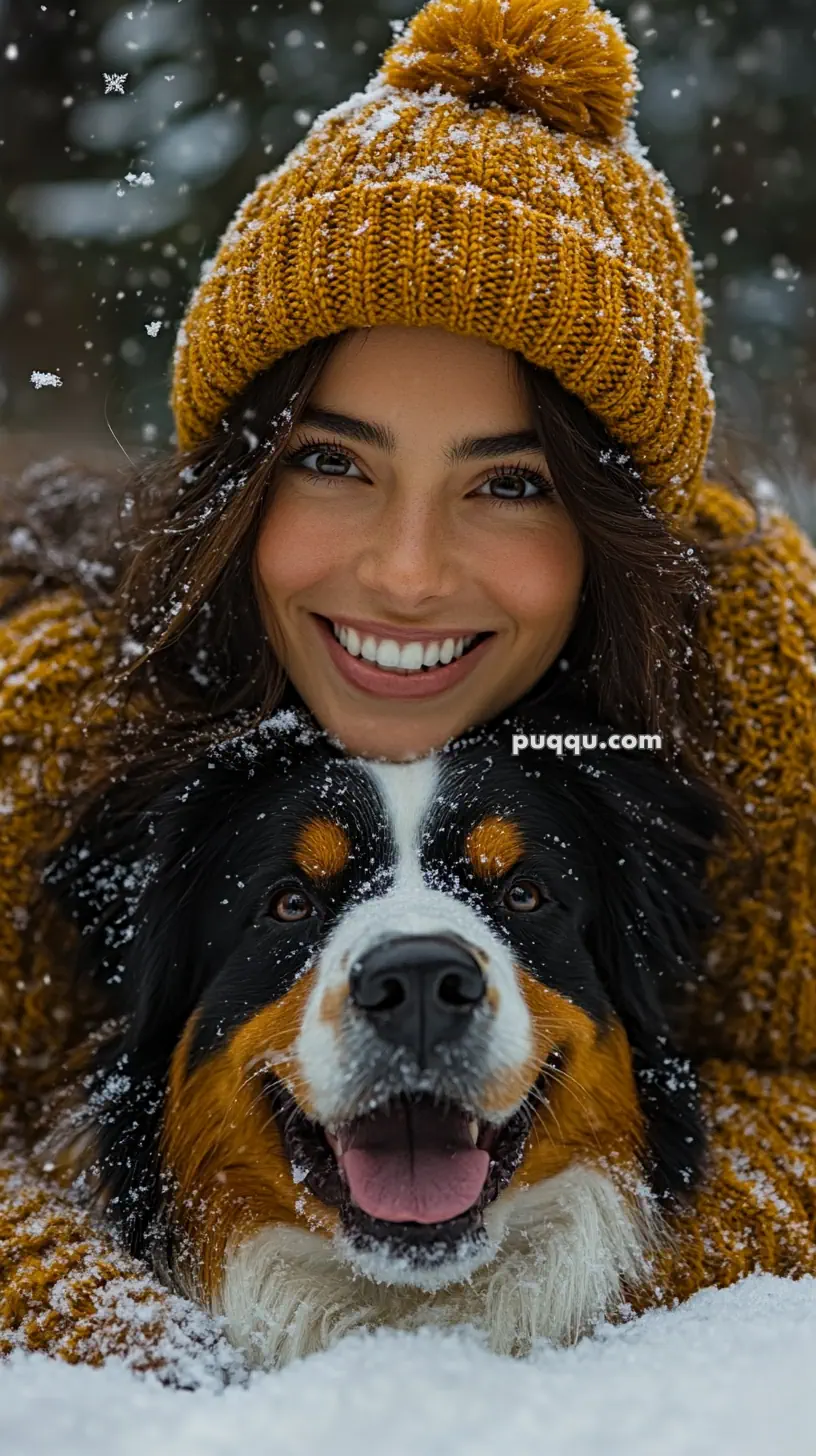 Woman wearing a yellow knit hat smiling with a black, white, and brown dog in the snow.