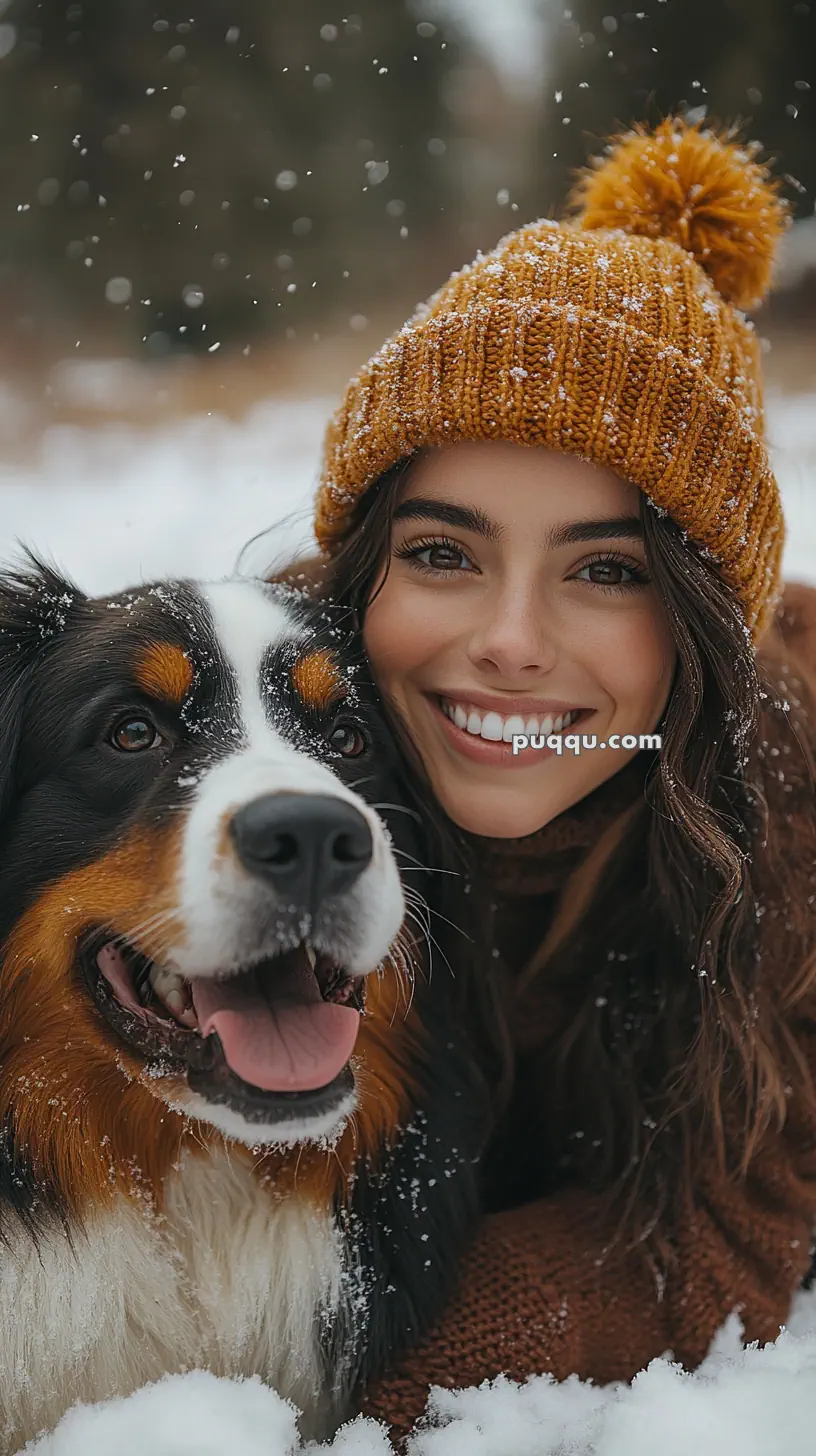 Woman wearing a knit hat smiling with a Bernese Mountain Dog in the snow.