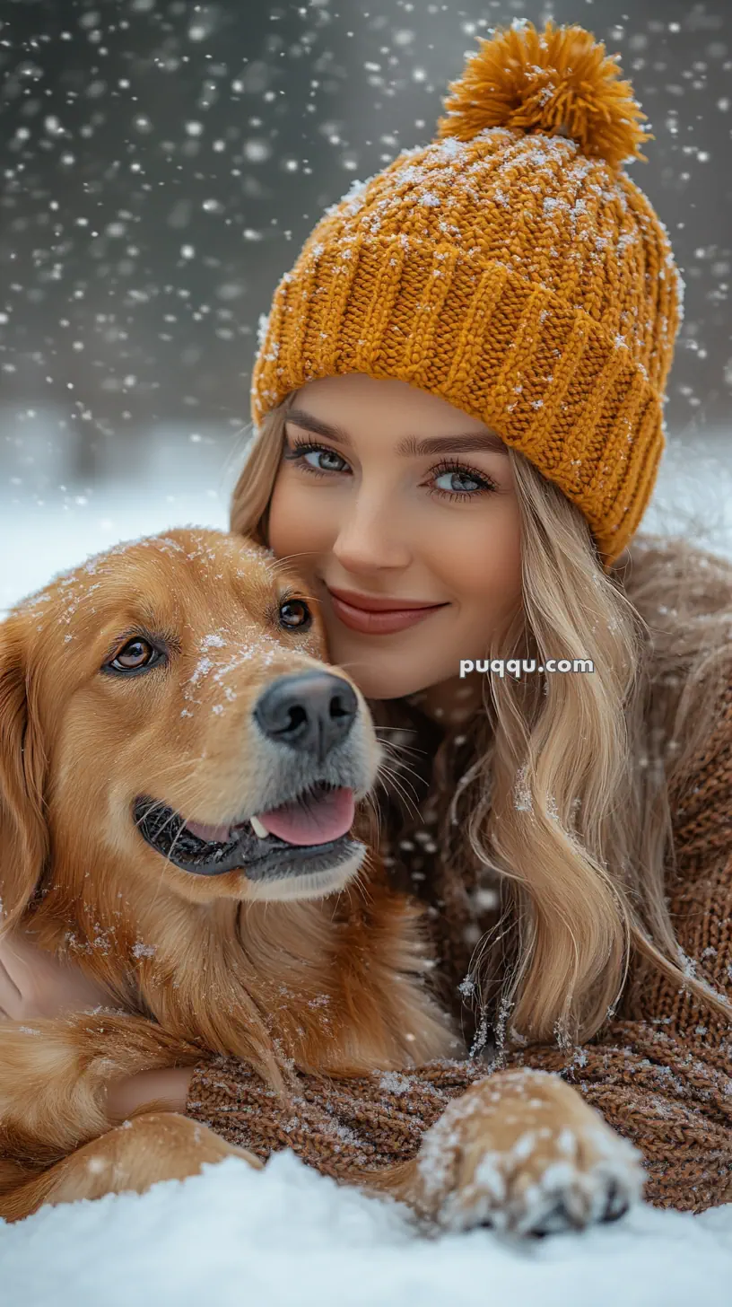 A person in a mustard knit hat hugging a golden retriever in snow.