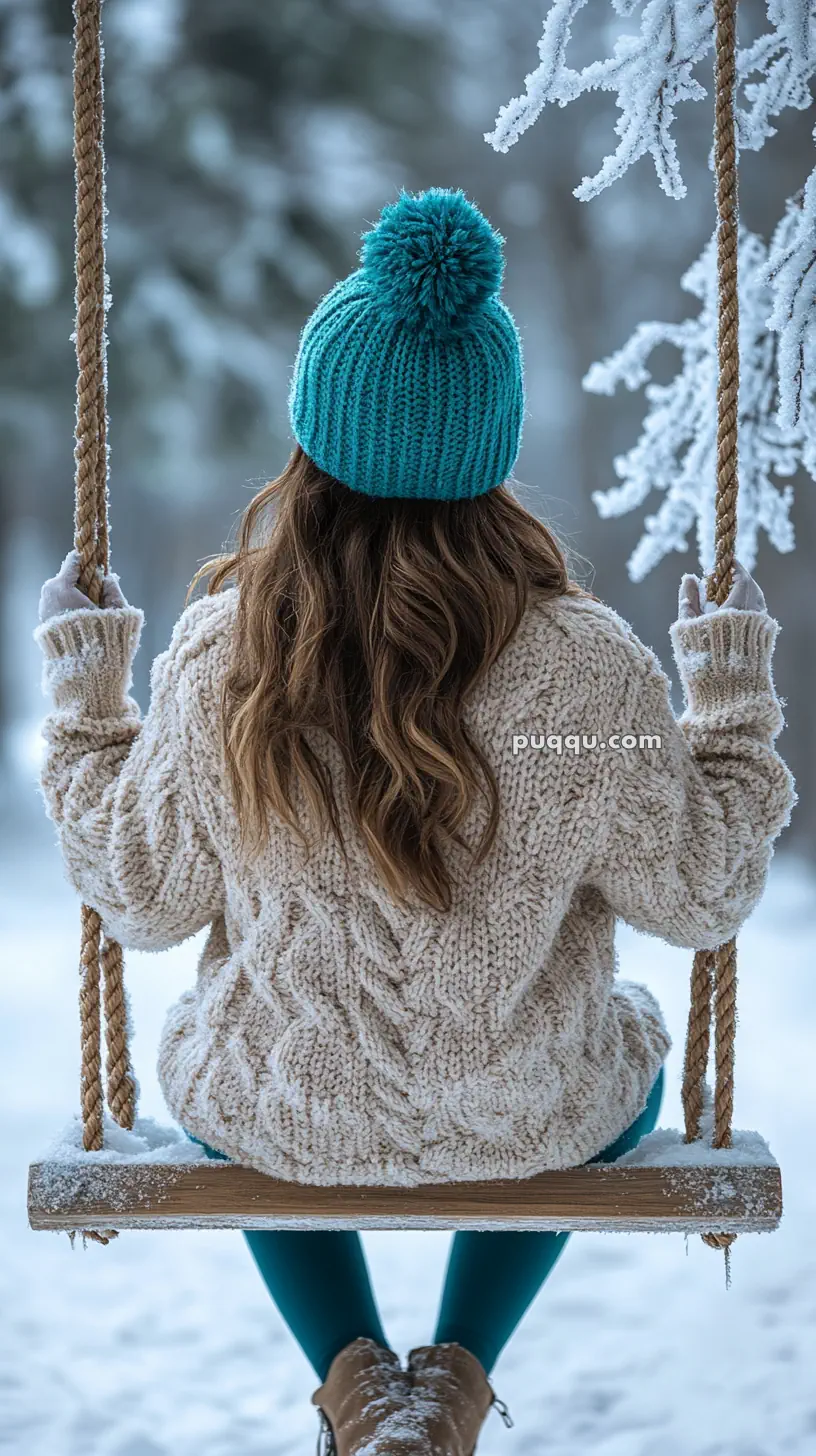 Woman in a knitted sweater and teal hat sitting on a snowy swing, with snow-covered trees in the background.