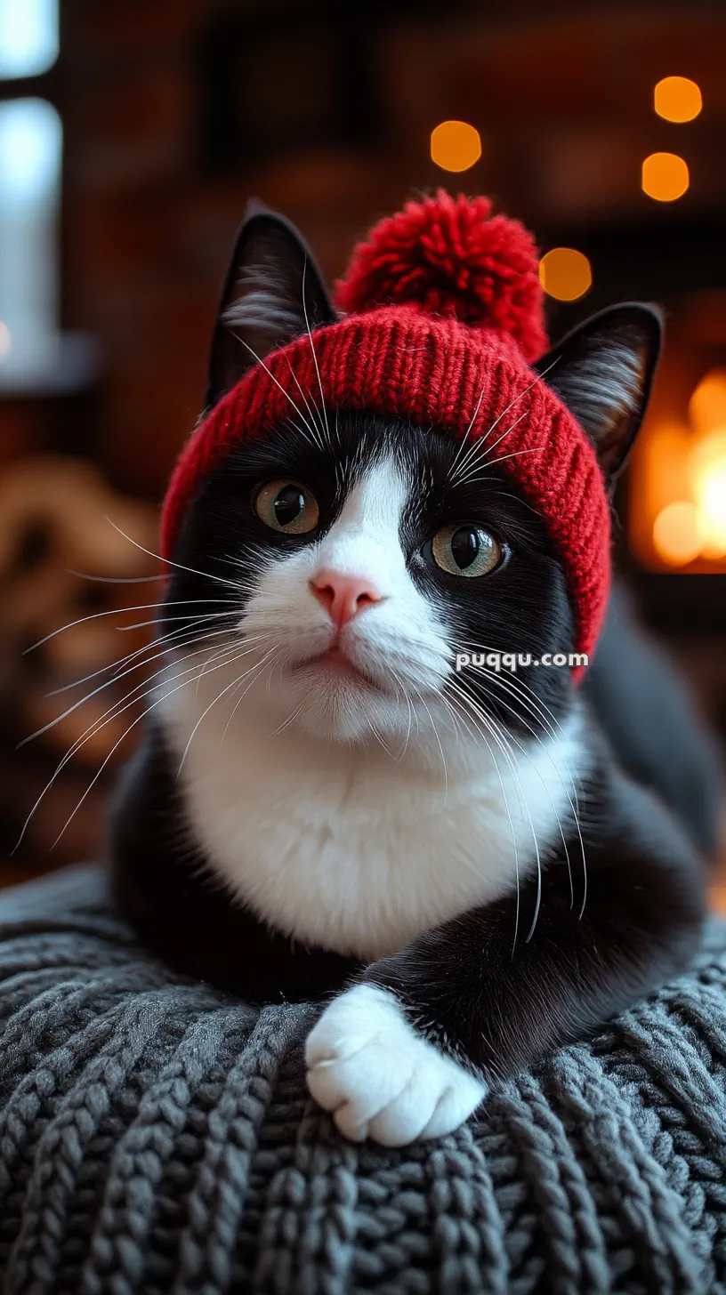 Black and white cat wearing a red knit hat with a pom-pom, sitting on a grey knitted surface with a warm, bokeh background.