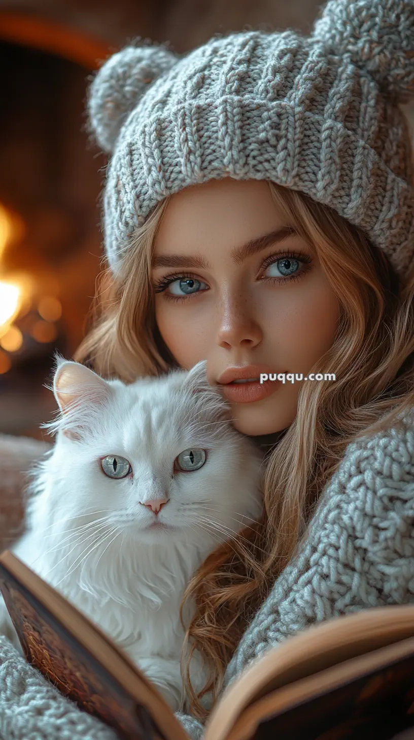 A woman wearing a knitted hat cuddles with a fluffy white cat, both gazing at the camera, in a cozy setting with a book.