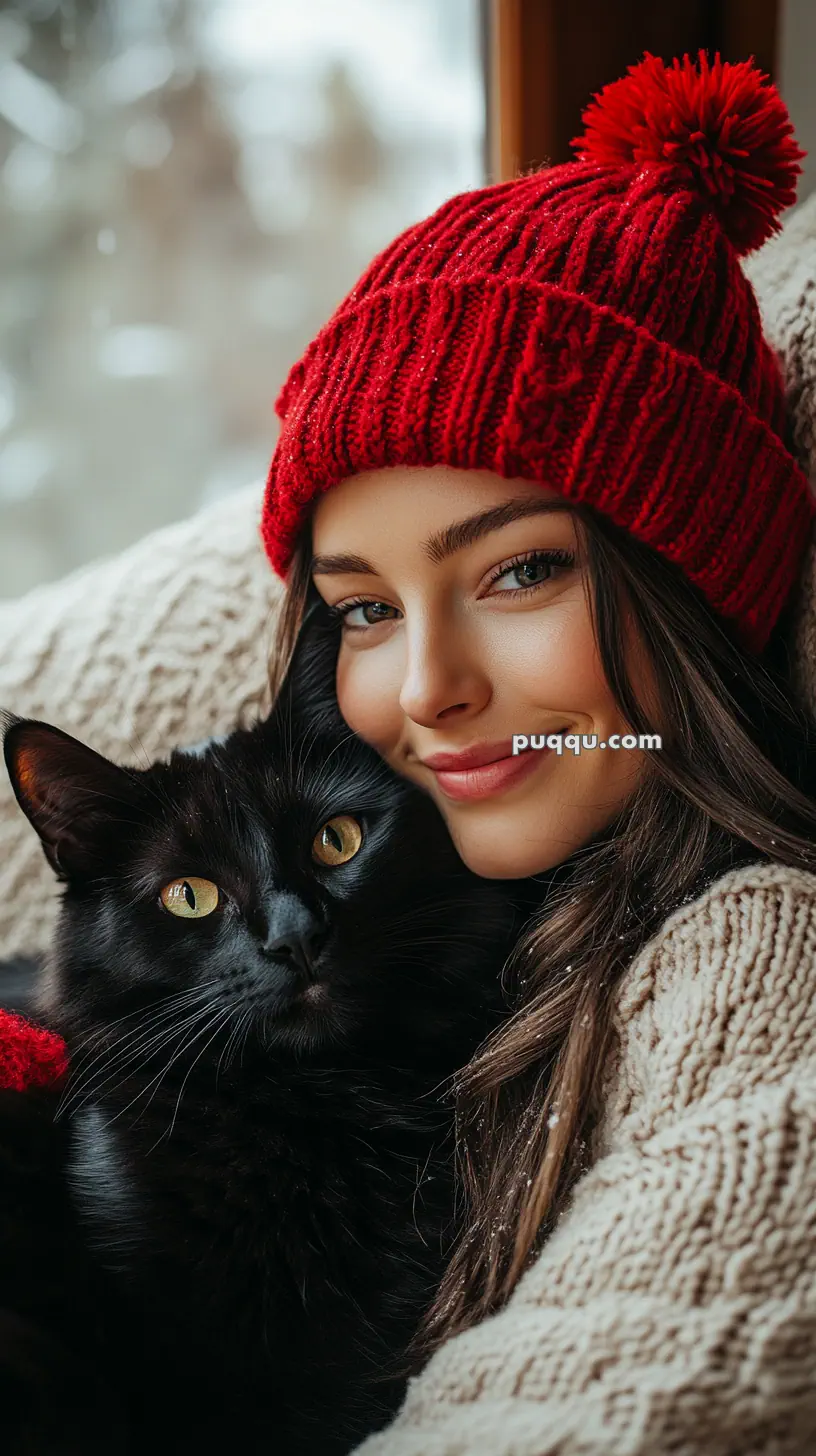 A woman wearing a red knitted hat cuddling a black cat indoors.