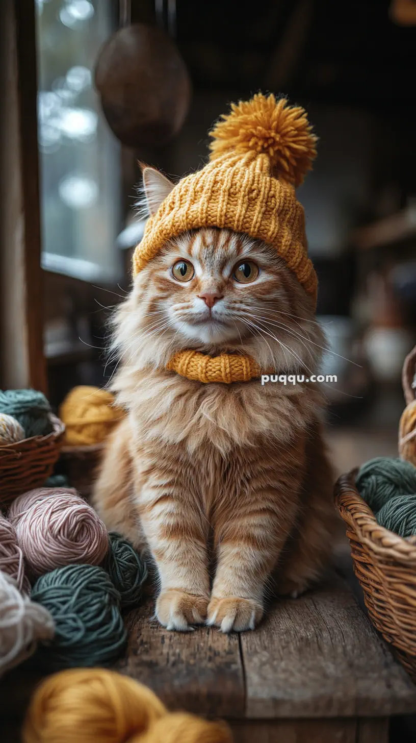 A fluffy orange cat wearing a knitted yellow hat with a pom-pom and matching scarf, sitting among baskets of yarn.