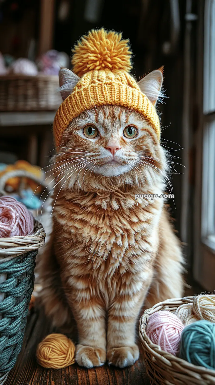 A ginger tabby cat wearing a yellow knitted hat with a pom-pom, surrounded by baskets of colorful yarn balls.