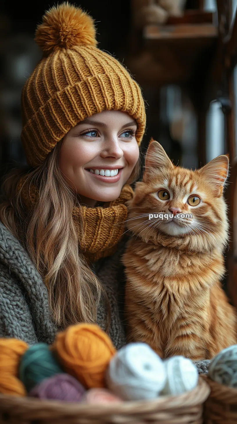 A woman wearing a knitted hat and scarf smiles while sitting with a fluffy ginger cat. Nearby, there is a basket filled with colorful yarn balls.