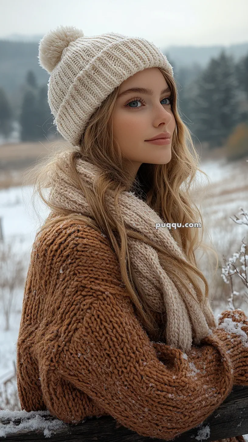 Woman in winter clothing with a knit hat and scarf in a snowy outdoor setting.