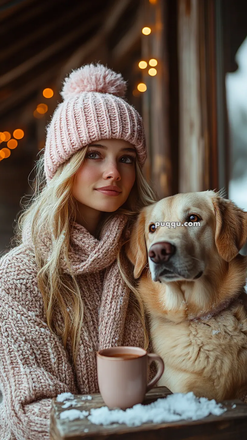 A woman in a pink knit hat and scarf sits with a dog, holding a mug, in a cozy winter setting.