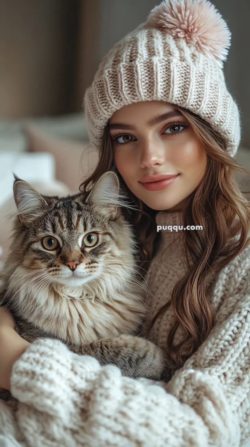 A person wearing a knit hat and sweater holding a fluffy cat.