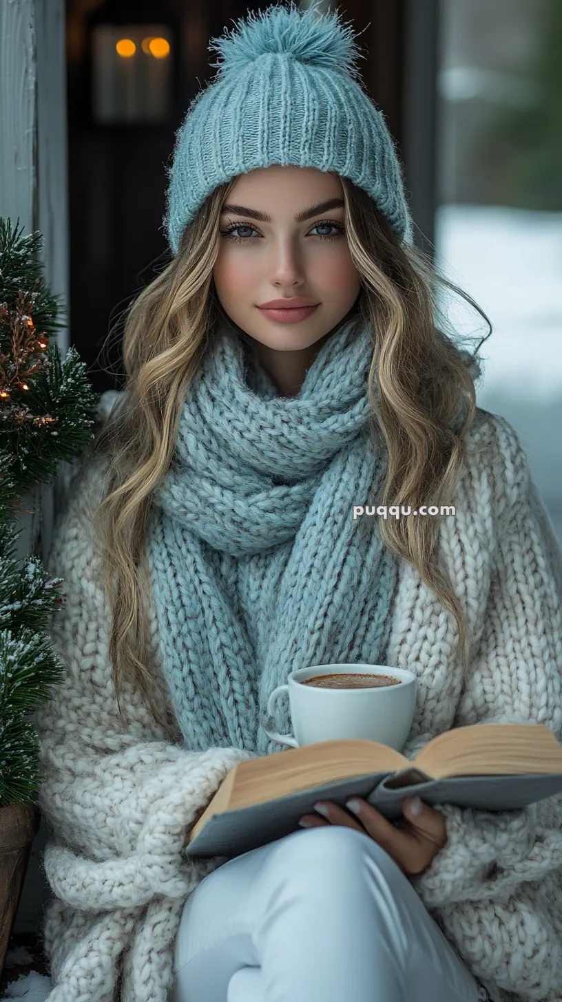 Woman wearing a blue knit hat and scarf, reading a book and holding a cup of coffee.