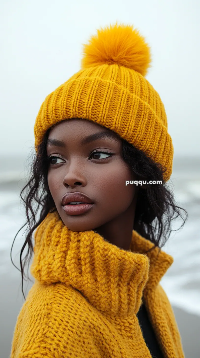 Person wearing a yellow knitted hat and sweater, standing outdoors with a blurred background.