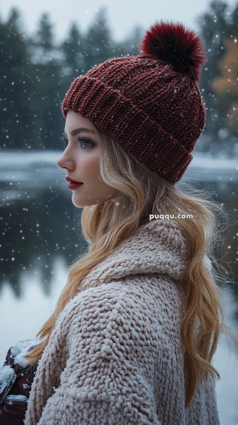 A woman in winter attire with a red knit hat stands outside in a snowy landscape, looking to the left.