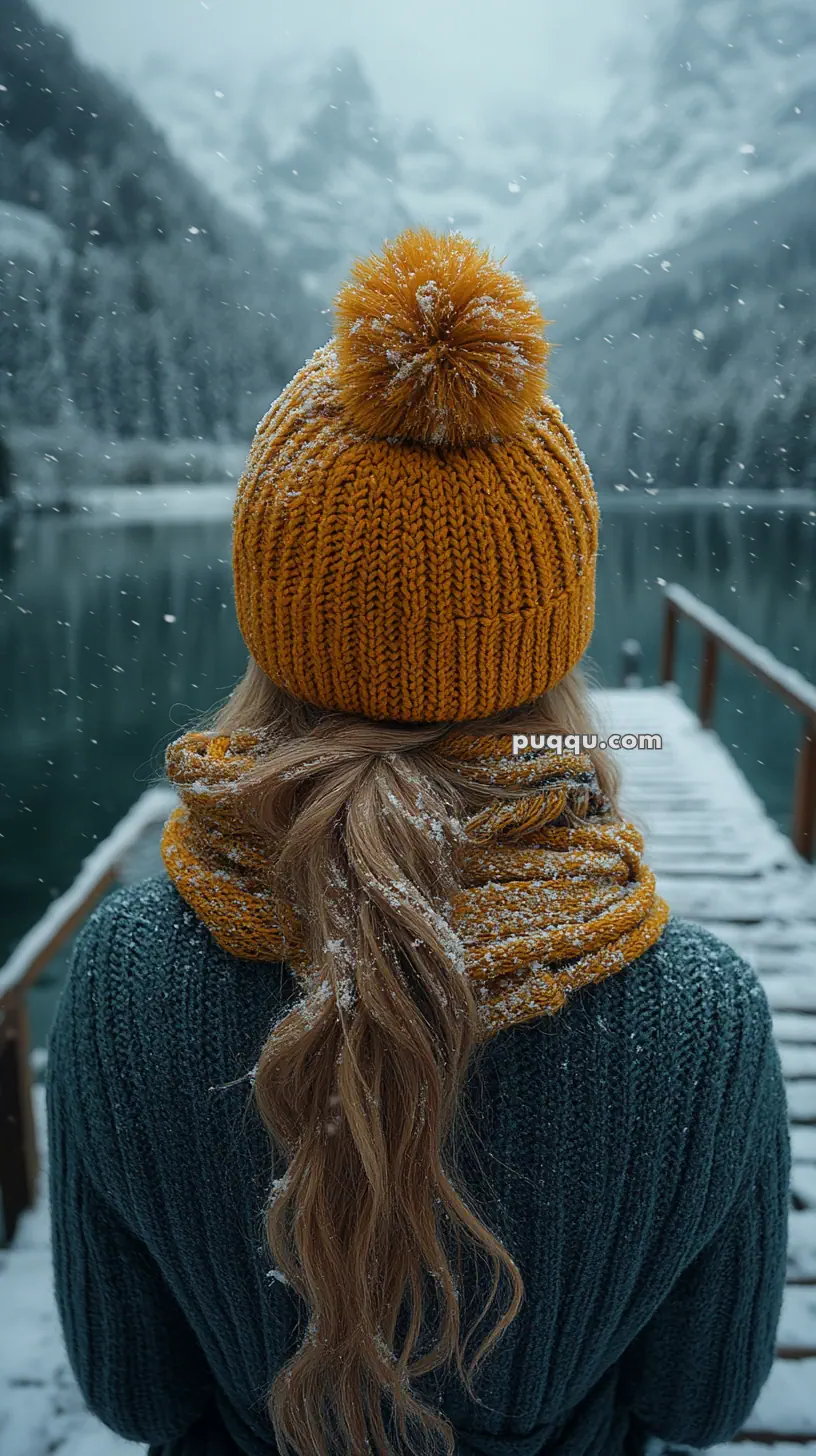 Woman wearing yellow knit hat and scarf, standing on a snowy dock, facing a lake and snow-covered mountains.