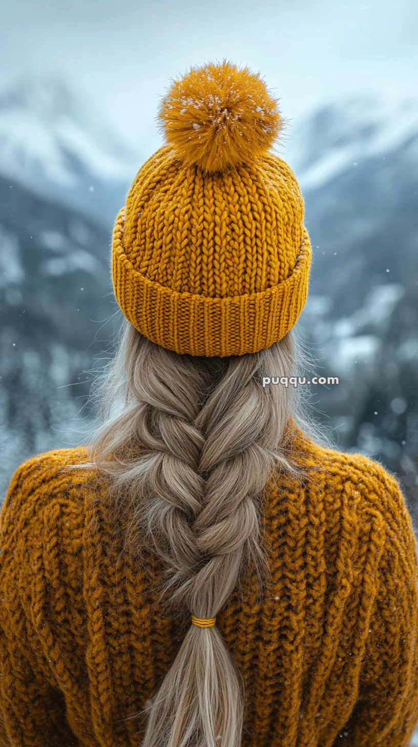 Person with a braided hairstyle wearing a mustard yellow knit hat and sweater, facing snowy mountains.