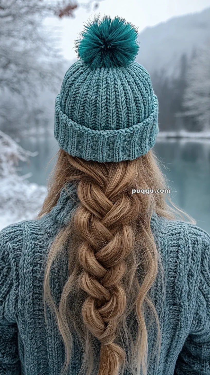 Person wearing a blue knitted hat with a pom-pom and braided hair, standing by a snowy lake.