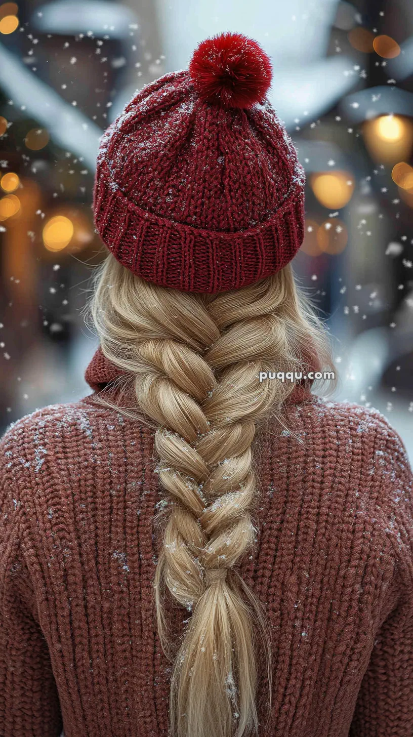 A person with long braided hair and a red knit hat stands in a snowy setting.