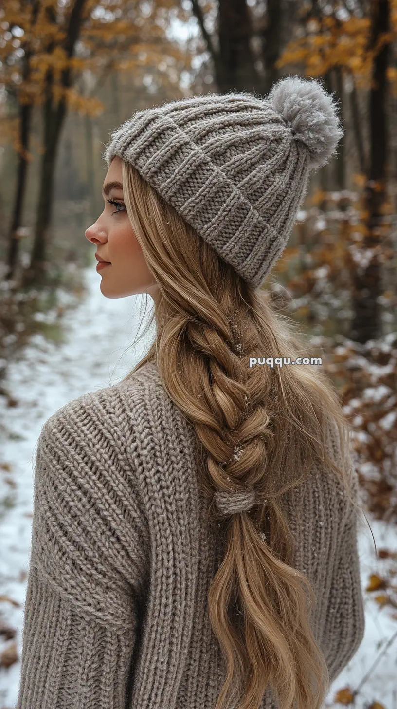 Woman wearing a knitted hat and sweater with braided hair in a snowy forest.