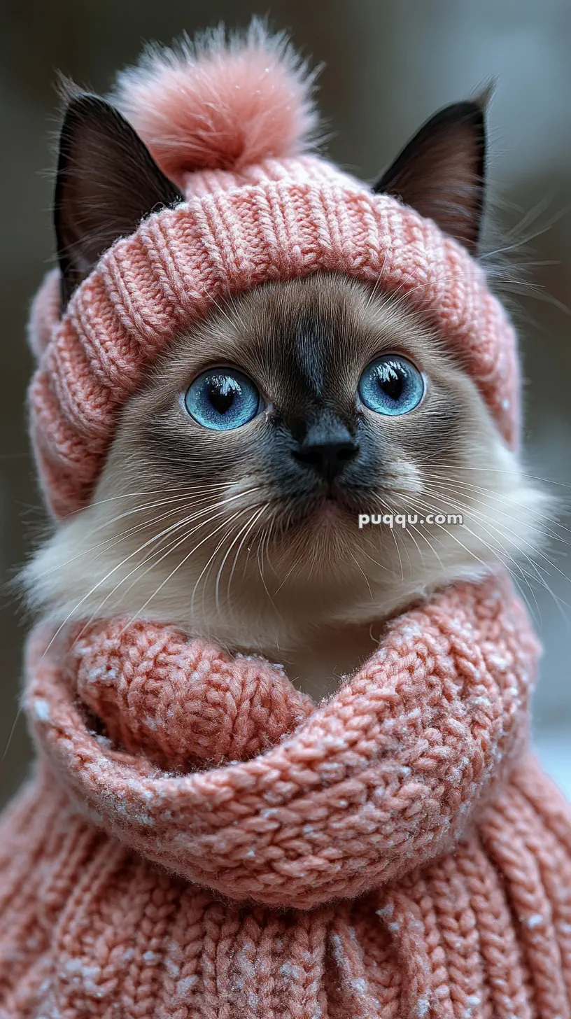 A cat wearing a pink knitted hat and scarf.