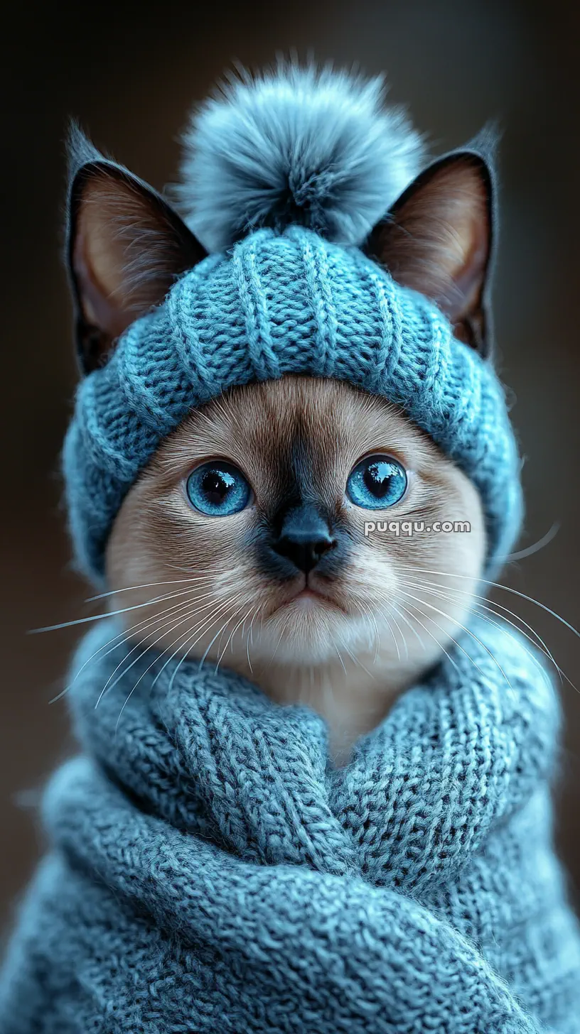 A Siamese kitten wearing a blue knitted hat with a pom-pom and matching scarf.